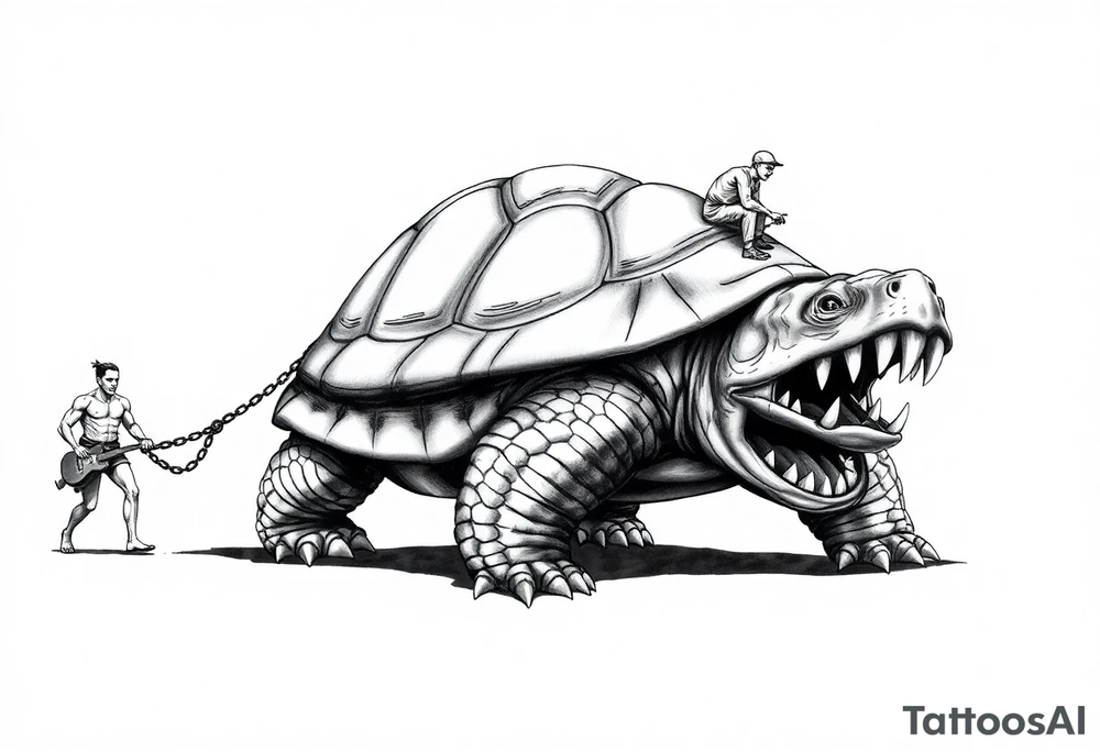 A giant walking 2 slaves on a chain leashan angry turtle with huge teeth with a little man riding on his back tattoo idea