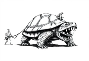A giant walking 2 slaves on a chain leashan angry turtle with huge teeth with a little man riding on his back tattoo idea