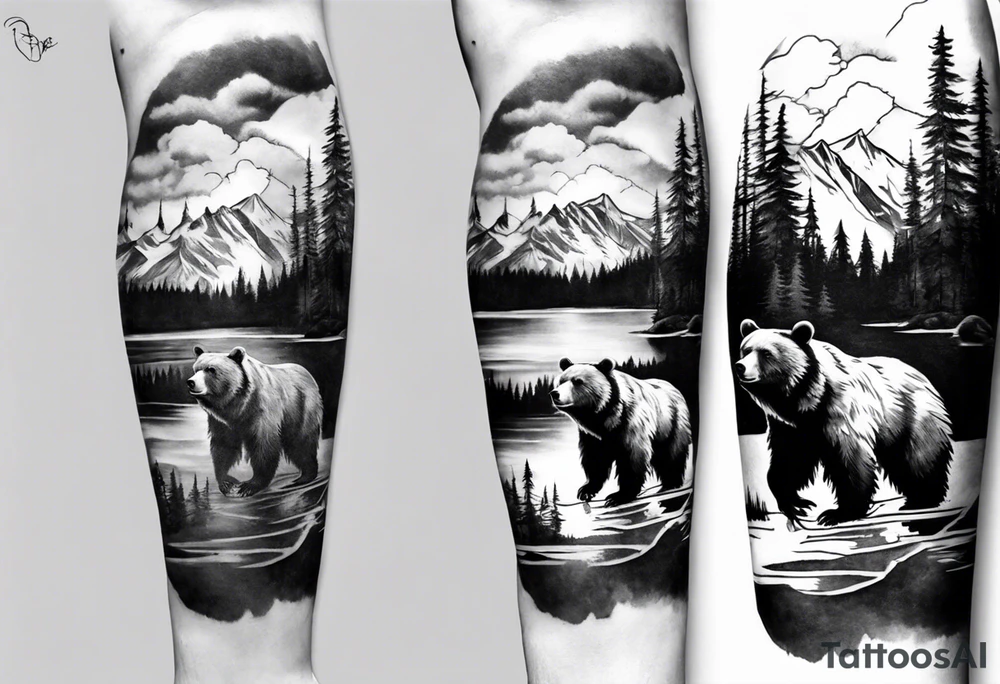 bear head right above the forest line with a lake below, full arm sleeve tattoo tattoo idea