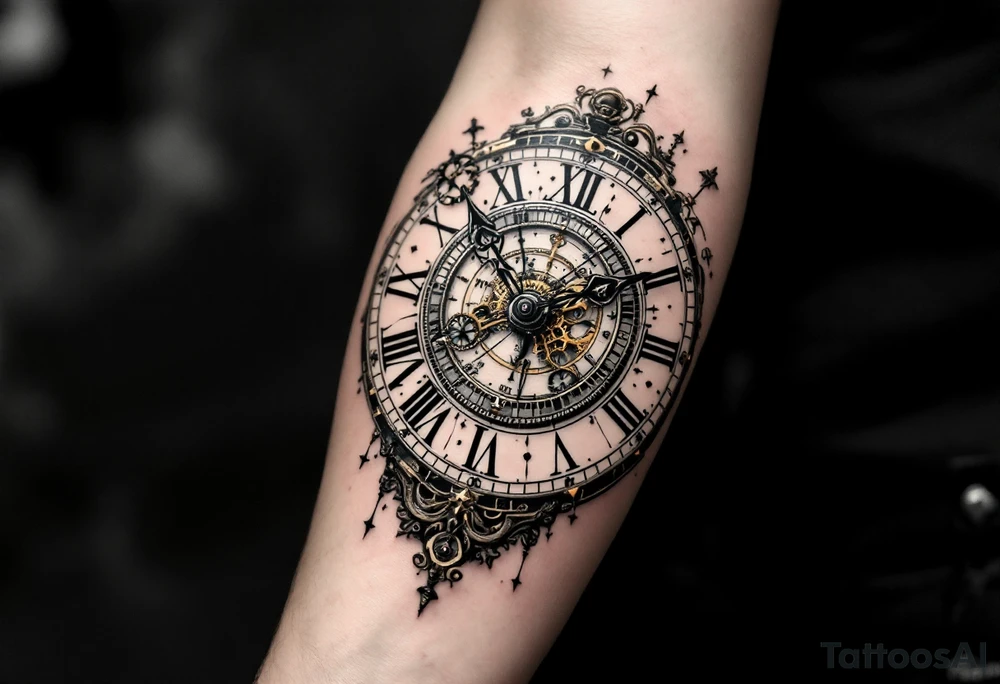 vintage roman numerals within ornate clockwork mechanism tattoo idea
