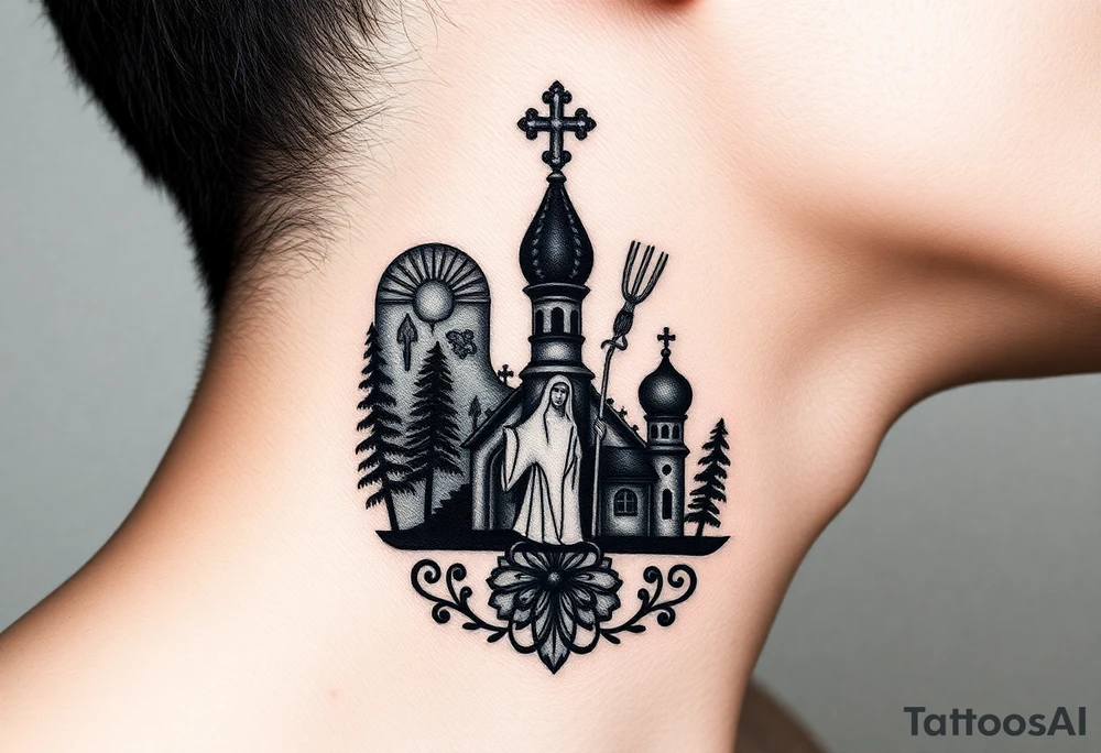 Traditional authentic Russian coat of arms with a Christian orthodox virgin marry in the middle and silhouette in a Russian wilderness Christian orthodoxy dome church village setting on the side of my neck tattoo idea