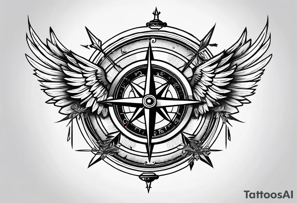 wings compass fine linework arrows tattoo idea