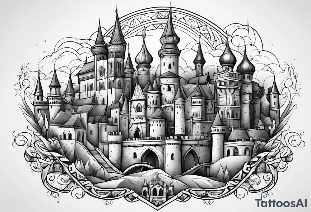 medieval tribal city land vignette tattoo idea