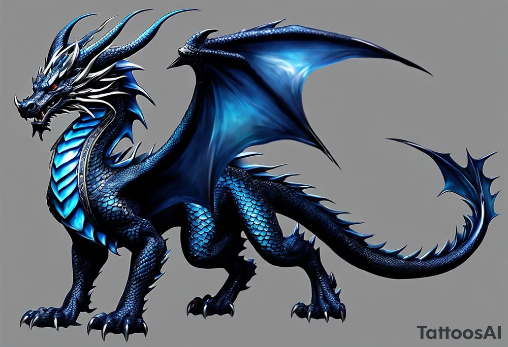 An epic floating dragon. Its long body coiling dynamically, with scales and horns detailed to create a sense of movement and strength. The dragon's main color is midnight blue, giving a vibrant depth and a mystical aura. This tattoo highlights the dragon’s fierce expression and sharp claws. tattoo idea