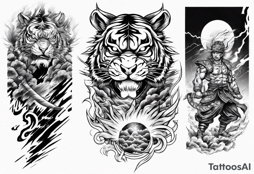 tiger warrior with lightning and the sun for a forearm sleeve tattoo idea