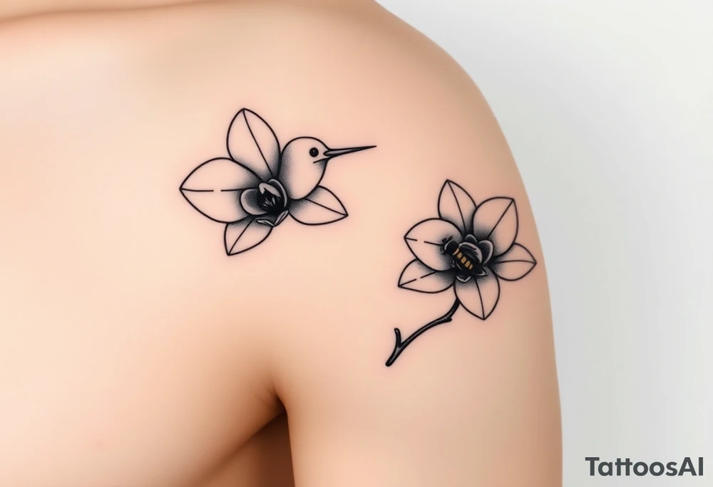 A delicate, black and white fine-line tattoo for male, featuring gracefully detailed 2 orchids in full bloom including their stems, with soft, intricate petals and elegant curves. Beside it, a hummingbird hovers mid-flight, its wings drawn with subtle motion lines, its slender beak reaching toward the orchid’s center to drink its nectar. on the other flower there is a bee that is resting tattoo idea