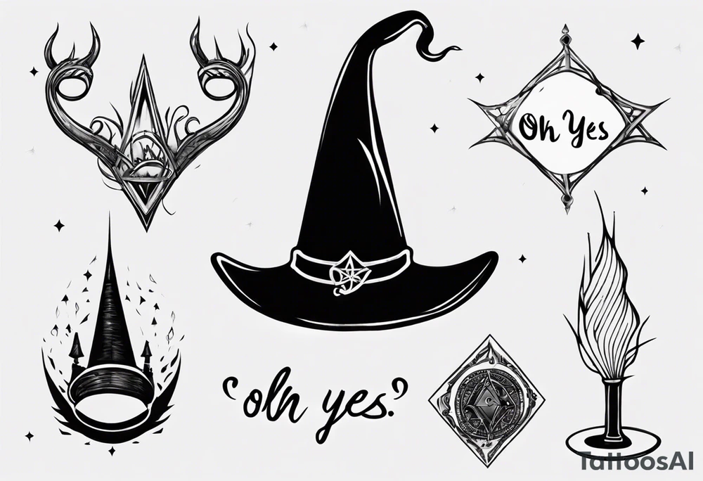 White witch hat with "oh yes" written tattoo idea