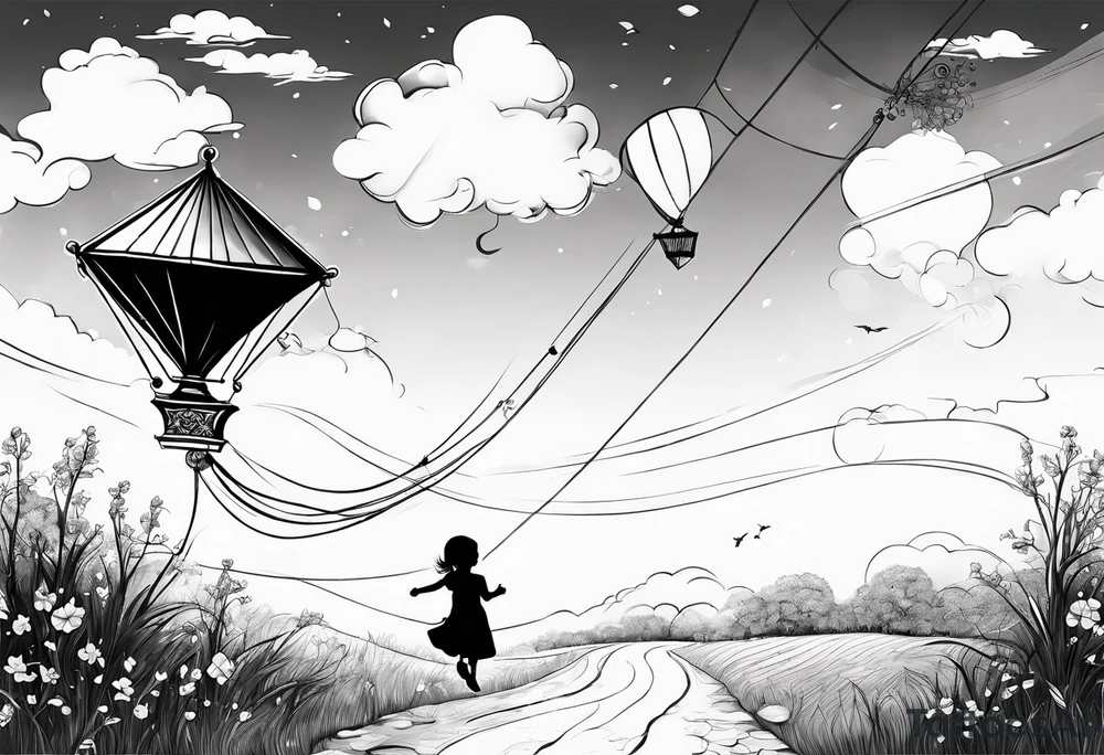 the back of a little girl in a dress, flying a kite tattoo idea