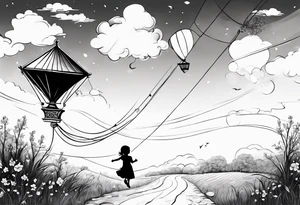 the back of a little girl in a dress, flying a kite tattoo idea