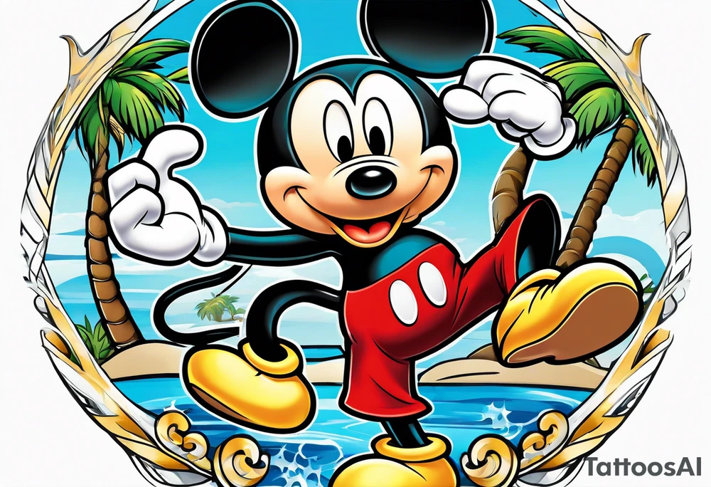 mickey mouse holding lightning with palm trees doing martial arts tattoo idea