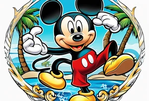 mickey mouse holding lightning with palm trees doing martial arts tattoo idea