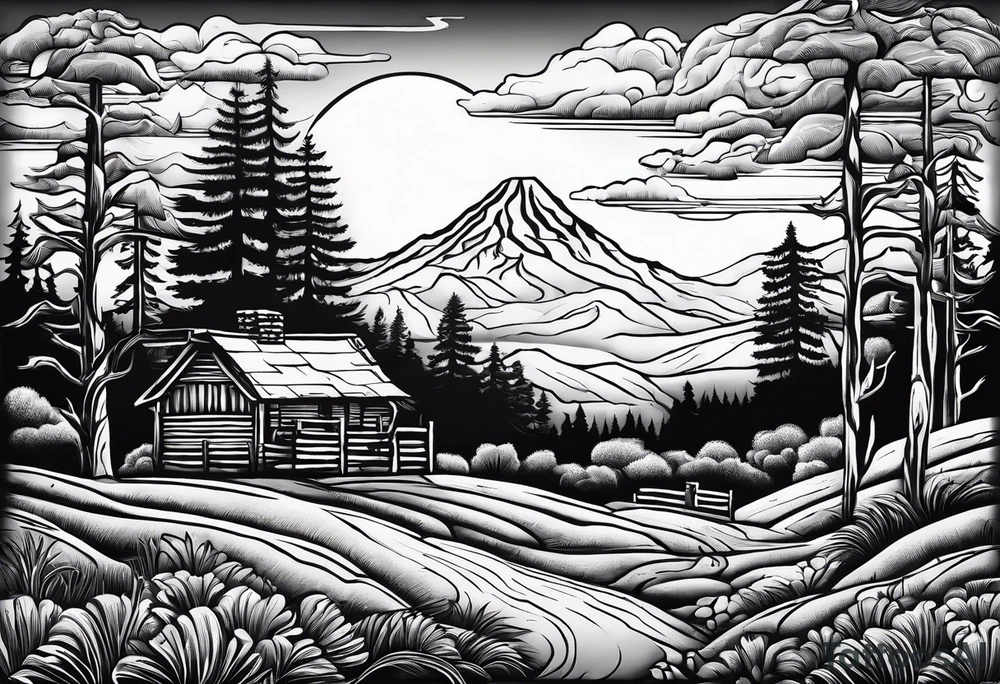 Pacific Northwest landscape, father , mother,  son and daughter shadow
. Mexican American inspiration tattoo idea
