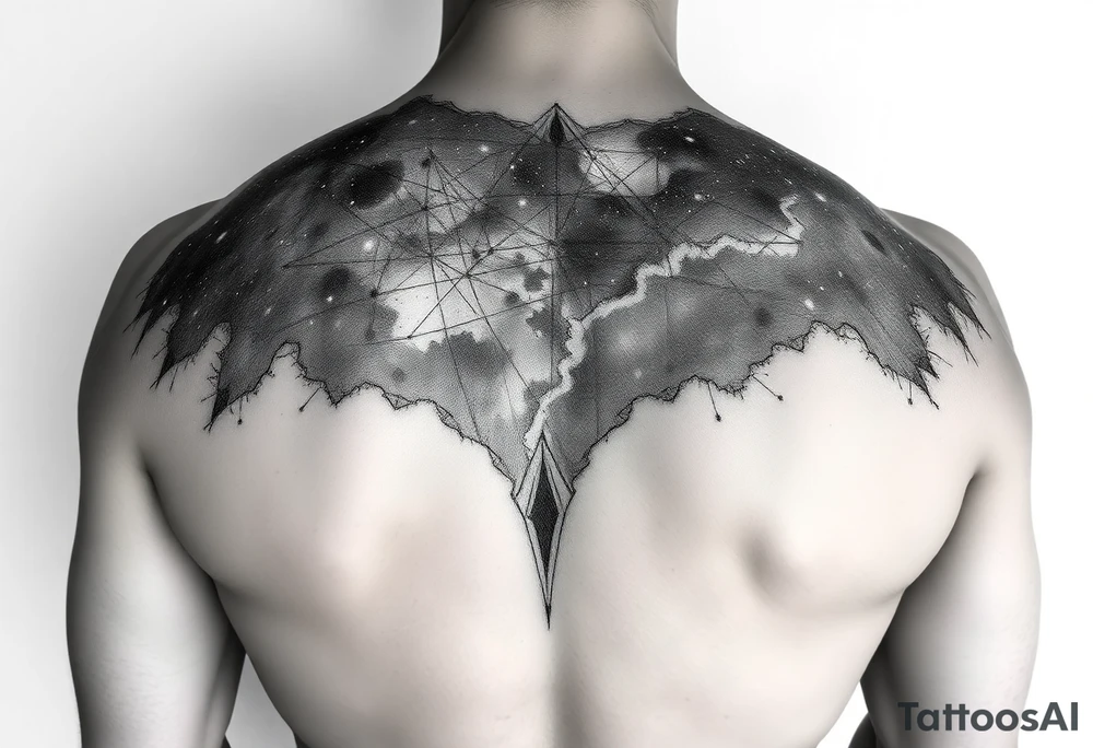 full milky way that covers the upper middle back and is geometric but also futuristic tattoo idea