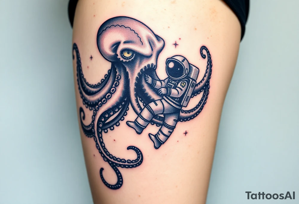 Deep sea kraken octopus, grabbing a astronaut with a space theme background tattoo idea