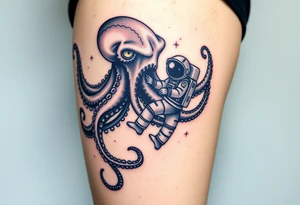 Deep sea kraken octopus, grabbing a astronaut with a space theme background tattoo idea