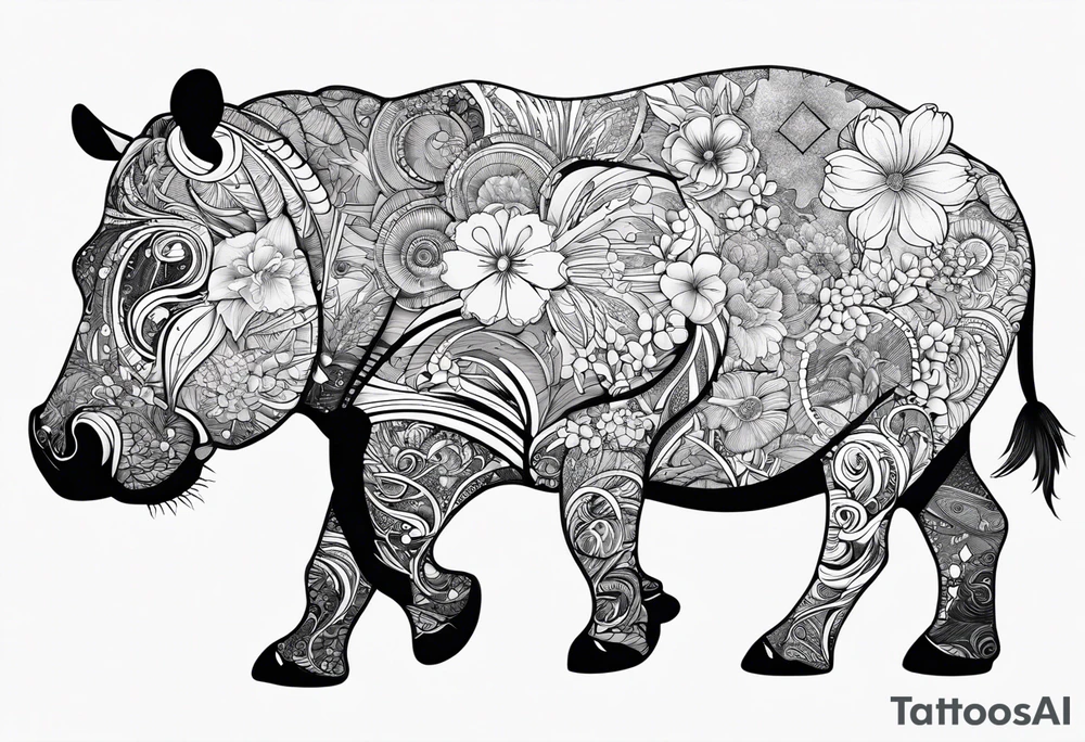 Hippo, flowers, moon, interstella, artic surreal,
Extreme fine lines, tribal, geometric, japanese, artistic tattoo idea