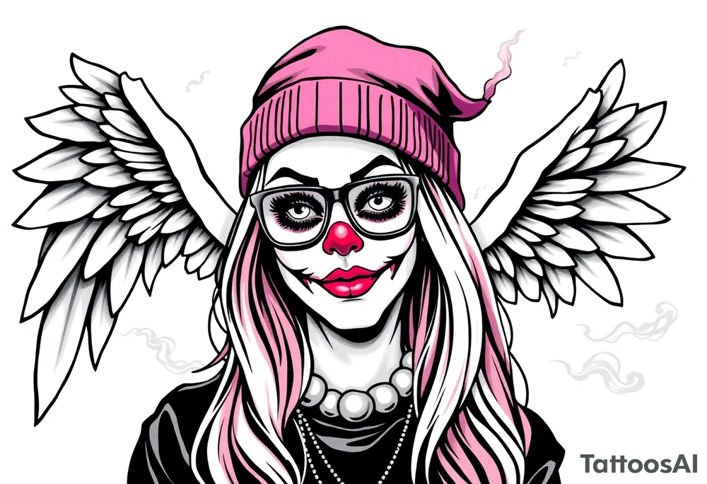 beautiful long hair Clown Girl thug beanie eyeglasses angel wings smoke tattoo idea