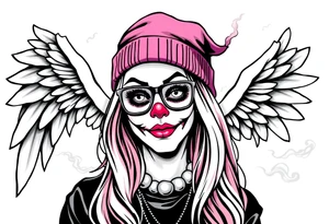 beautiful long hair Clown Girl thug beanie eyeglasses angel wings smoke tattoo idea