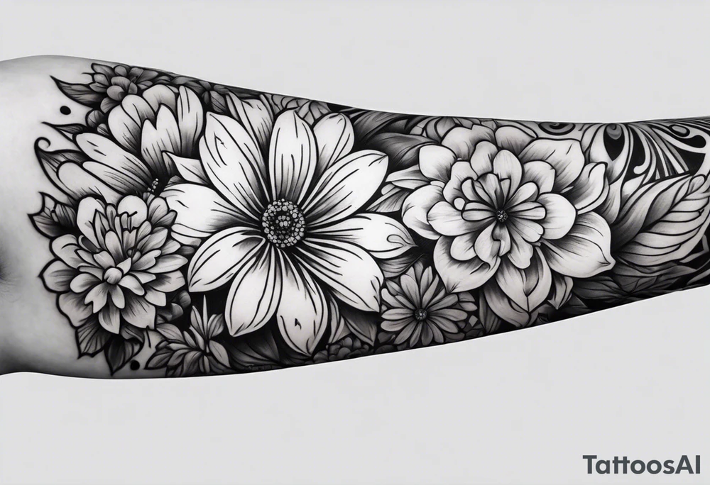 Arm sleeve dedicated to mom with rainbow flowers tattoo idea