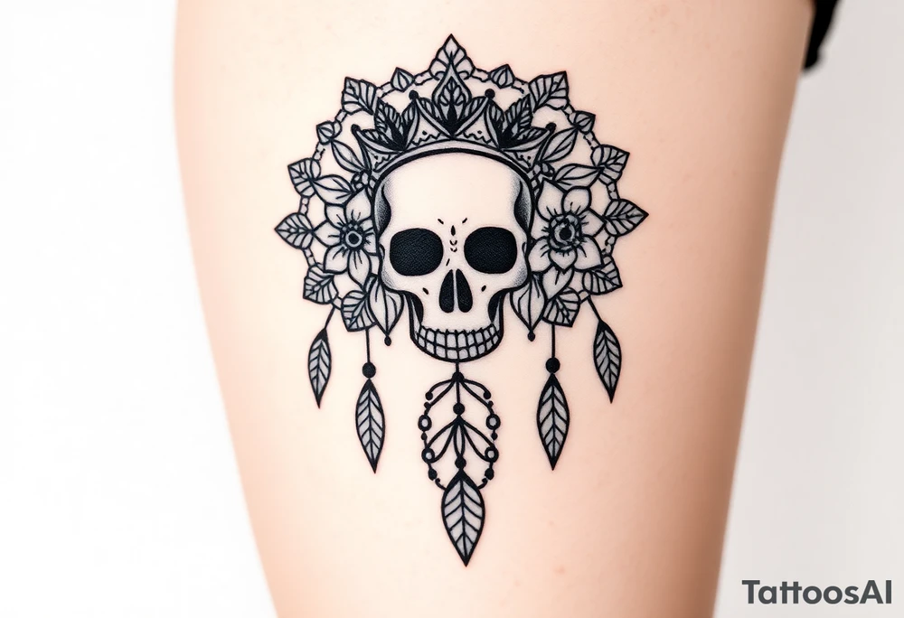 Mandala dream catcher lace with delicate skull and flowers wearing elegant crown tattoo idea