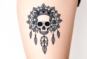 Mandala dream catcher lace with delicate skull and flowers wearing elegant crown tattoo idea