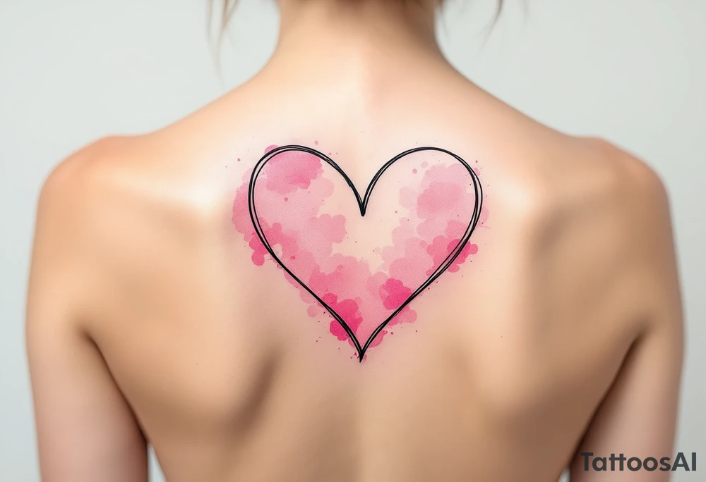 Heart outlines in black ink filled with soft pink watercolor splashes on opposite partners shoulders. tattoo idea