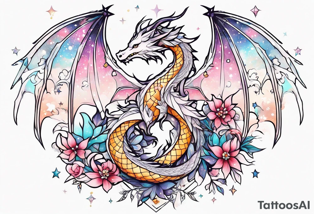 Constellation, wing , snow , cross , dragon female japan kawaii , flower tattoo idea