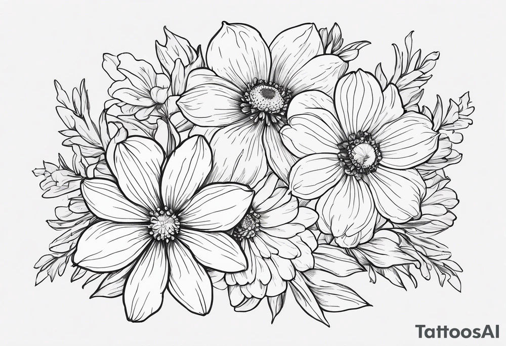 Narcissus, Chrysanthemum, Cosmos, snow drop that shows all the flower stems for the back of the arm. All in one bouquet. Fine line tattoo idea