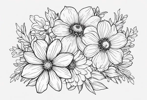 Narcissus, Chrysanthemum, Cosmos, snow drop that shows all the flower stems for the back of the arm. All in one bouquet. Fine line tattoo idea