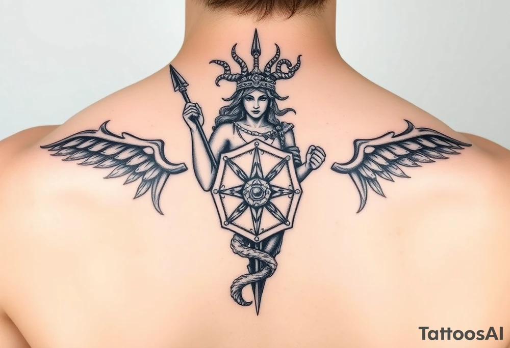 Athena goddess of war and wisdom with her Medusa shield and spear tattoo idea