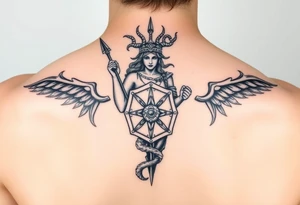 Athena goddess of war and wisdom with her Medusa shield and spear tattoo idea