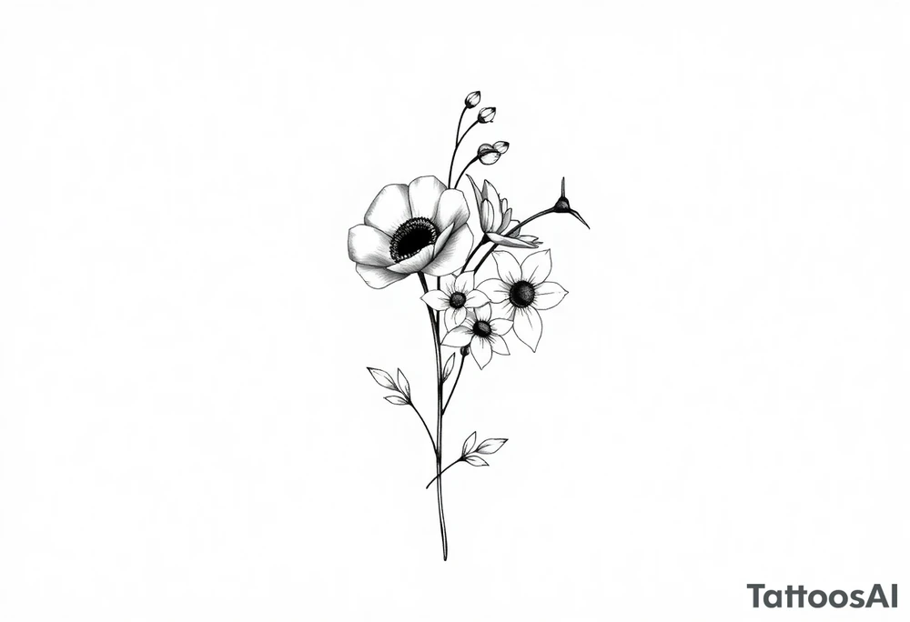 very simple Black and white tattoo with a bouquet from one stem featuring poppy flower, lily of the valley, daffodil, water lily, daisy, with less lines and detail tattoo idea