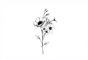 very simple Black and white tattoo with a bouquet from one stem featuring poppy flower, lily of the valley, daffodil, water lily, daisy, with less lines and detail tattoo idea