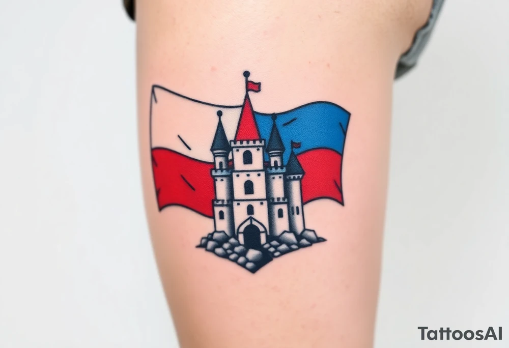 A Czech flag (blue, white up, red down) waving behind a medieval castle tattoo idea