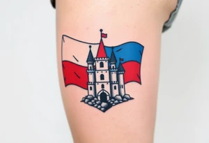 A Czech flag (blue, white up, red down) waving behind a medieval castle tattoo idea