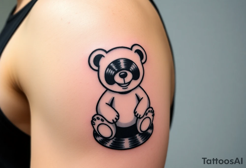 minimalist teddy bear with vinyl records as eyes smiling and sitting on a record yer tattoo idea