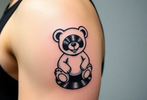 minimalist teddy bear with vinyl records as eyes smiling and sitting on a record yer tattoo idea