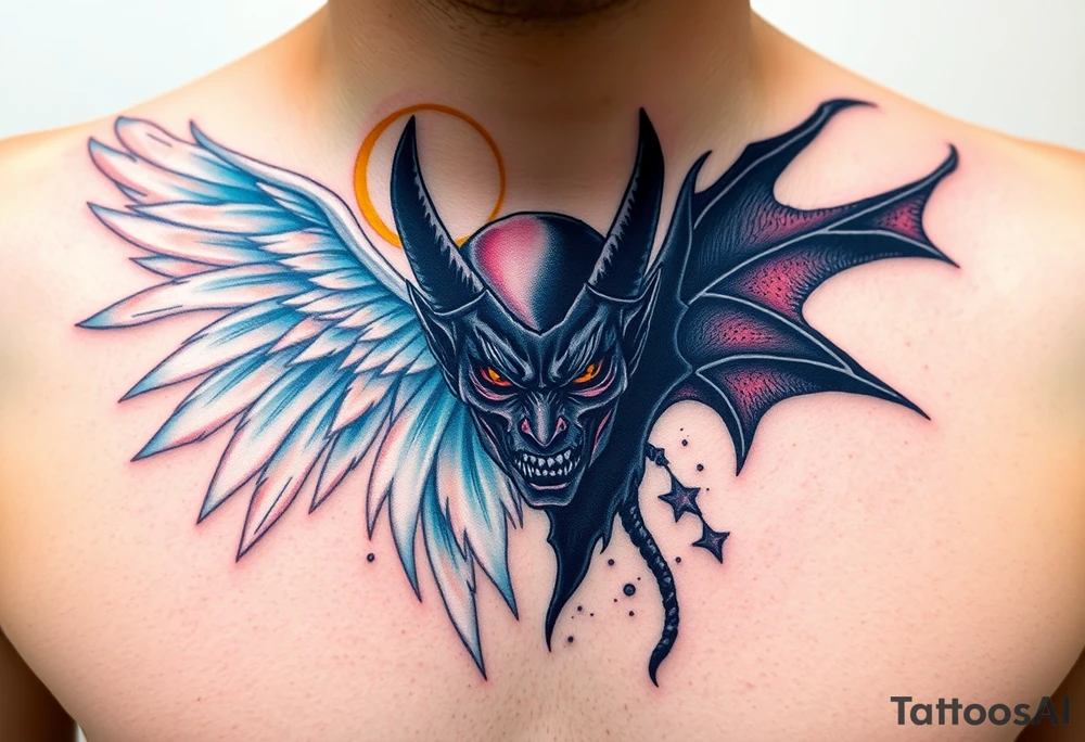 A radiant angel, with soft white wings and a glowing halo, surrounded by light, juxtaposed against a dark demon, with jagged black wings and fiery red eyes, symbolizing the ultimate conflict between good and evil. tattoo idea
