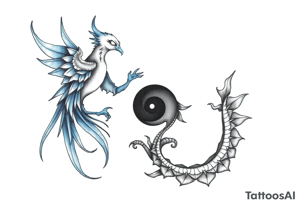 Blue Phoenix and dragon yin and yang tattoo idea