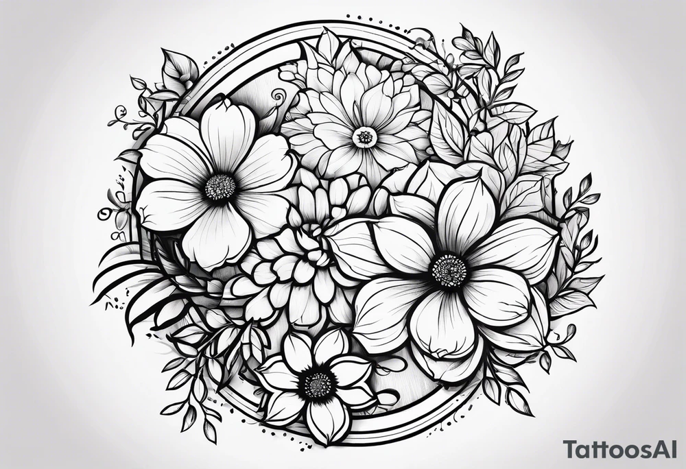 flower tattoo that says “no rain no flowers” and is circular with flowers and leaves trailing from the circle tattoo idea