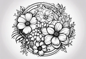 flower tattoo that says “no rain no flowers” and is circular with flowers and leaves trailing from the circle tattoo idea