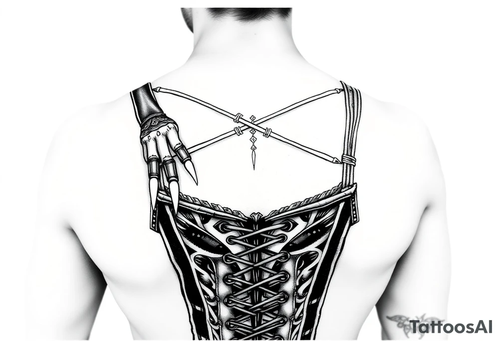 Corset with woman’s hands, long nails tattoo idea