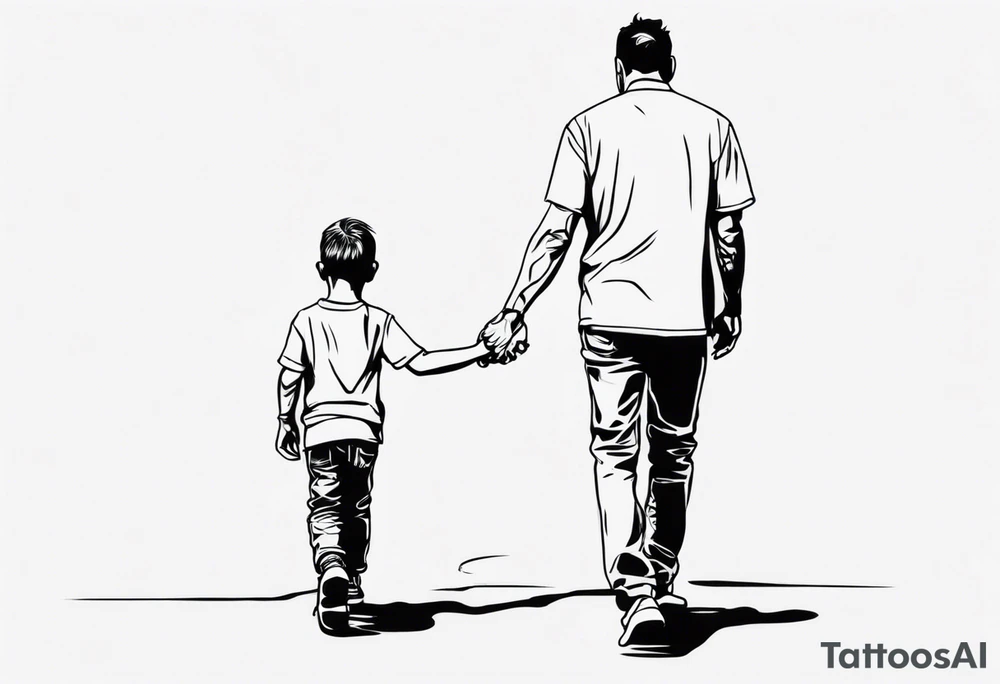 father and son walk away holding hands, just an outline tattoo idea