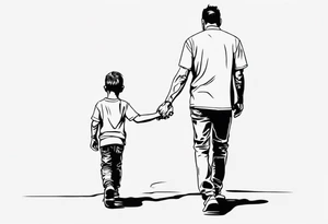 father and son walk away holding hands, just an outline tattoo idea