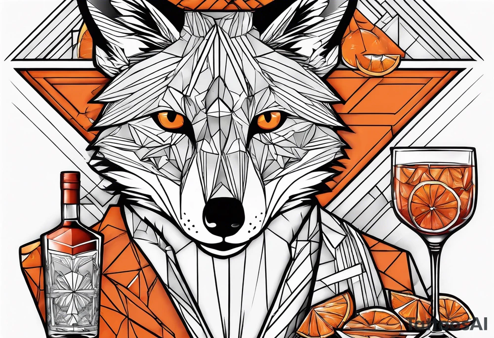 Geometric sly fox with one Negroni in short lowball cocktail glass with ice and orange peel tattoo idea