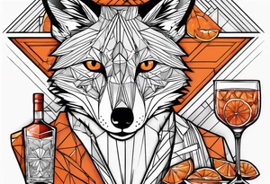 Geometric sly fox with one Negroni in short lowball cocktail glass with ice and orange peel tattoo idea
