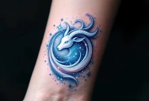 An ethereal Aries sign tattoo uses dots of light-blue and white to form the Aries star constellation in a dreamy galaxy swirl. tattoo idea