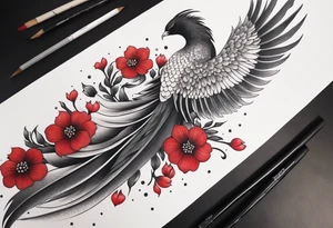 elongated phoenix in flight 
in profile long tail with claws holding red flowers falling tattoo idea