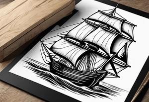 4 story wooden ship where one plank coloured. Rest of the image is black and white tattoo idea