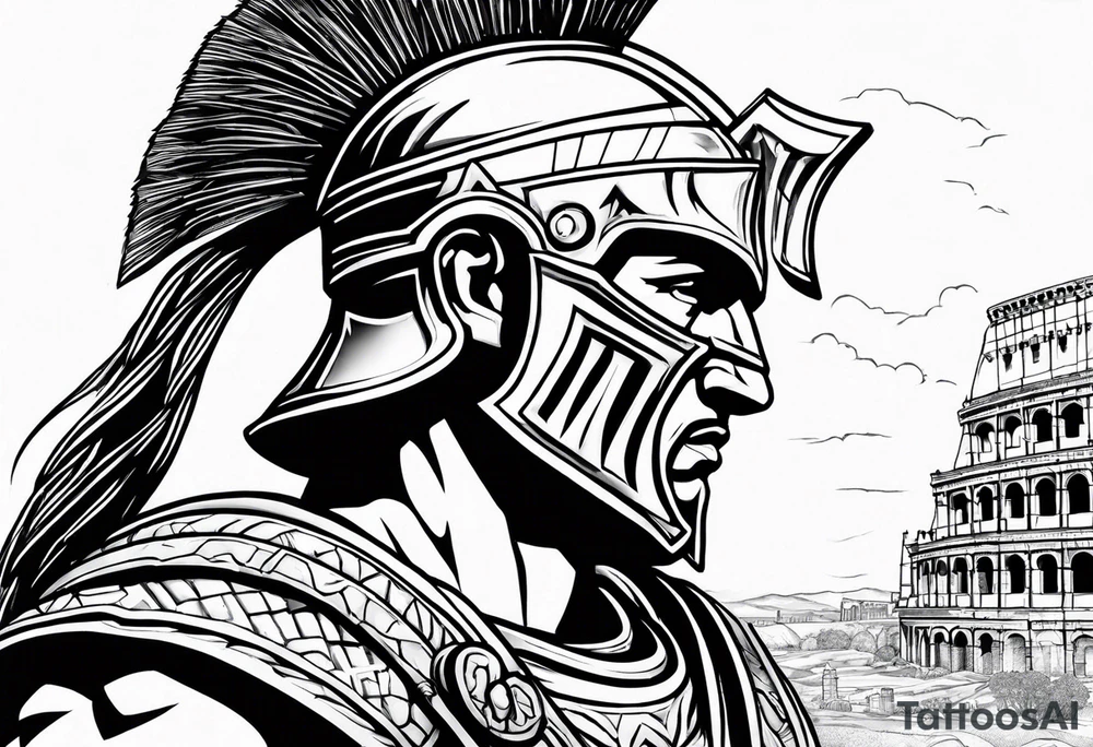 Side profile of spartan soilder with Roman buildings tattoo idea